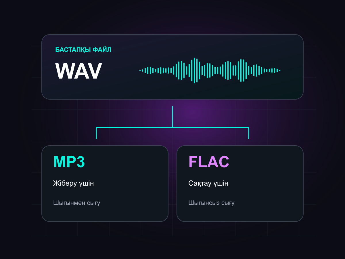 Аудионы түрлендіру сызбасы: бастапқы WAV және MP3 пен FLAC нұсқалары